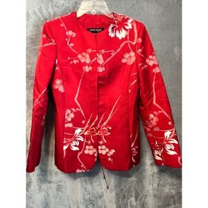 Anne Klein Silk Floral Blazer Red Asian Print Jacket Women Size 6 Chic